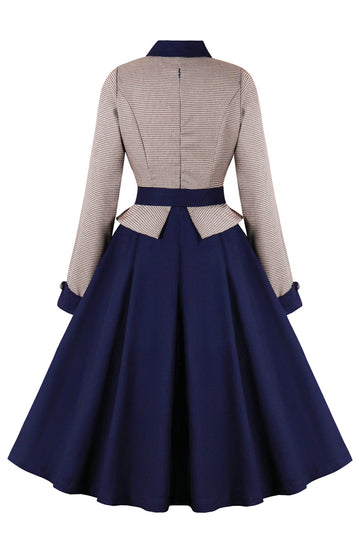 Navy Houndstooth belte lange ermer 1950-tallet kjole